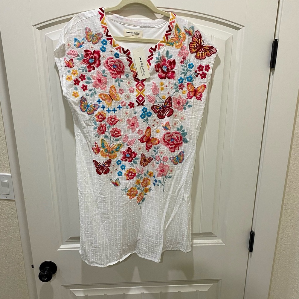 NWT Impressions Boutique Embroidered White Dress M